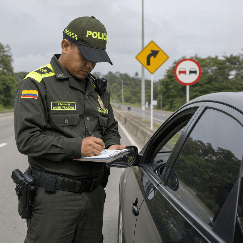 Oficial de tránsito colombiano redactando un comparendo junto a un vehículo en carretera, con señales de tránsito visibles